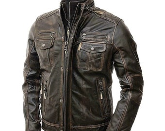 Men's Slim Fit Vintage Brown Café Racer Biker Motorcycle Leather Jacket, Handmade Distressed Leather Jacket