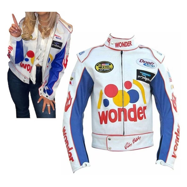 Women's Talladega Nights Ricky Bobby Wonder White Racing Handmade Leather Jacket