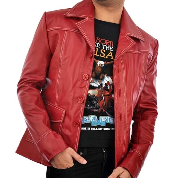 Brad Pitt Fight Club homme Tyler Durden manteau veste en cuir rouge manteau, fait à la main rouge Brad Pitt Biker veste en cuir