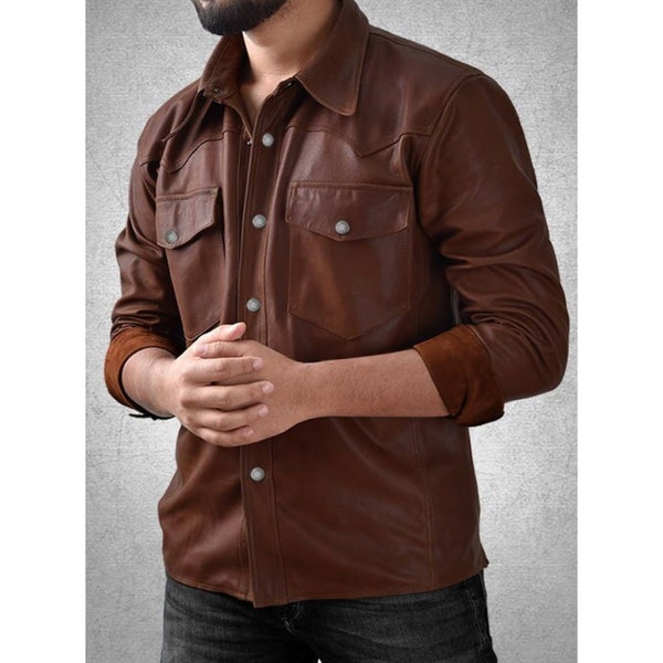 Chemise en cuir marron tendance pour homme | Chemise en cuir marron avec poche et poche | Chemise classique marron faite main