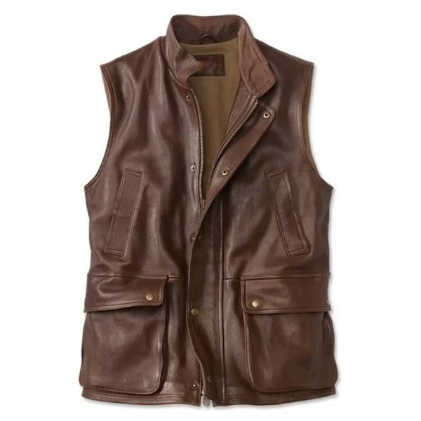 Men's Handmade Brown Leather Vest | Soft Real Leather Biker Vest Jacket | Real Leather Brown Motorcycle Vest