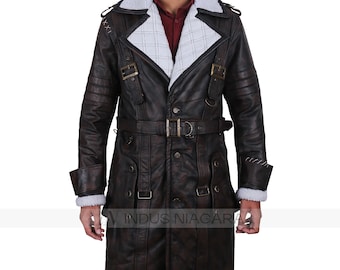 Elder Maxson Fur Collar Gaming Handmade Trench Coat , Mens Long Leather Battle Fallout Coat Cosplay Costume
