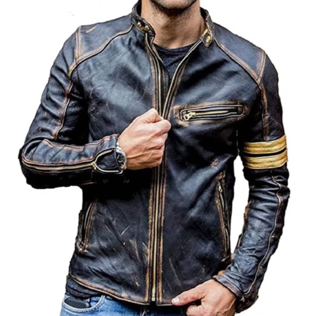 Mens Studded Bomber Biker Motorcycle Retro Cafe Racer Black Leather Jacket main image 1