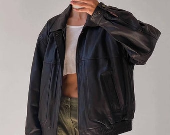 Handmade 90's Women's Vintage Bomber Motorcycle Oversized Straight Jacket, Women's Black Oversized Leather jacket