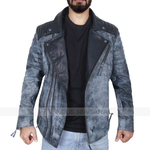 Men's Handmade Distressed Denim Leather Biker Motorcycle Jacket, Men's Blue Denim Cafe Racer Jacket