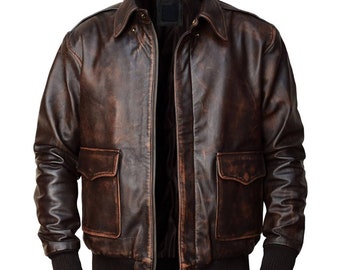 Handmade Men's A2 Aviator Flight US Navy Bomber Distressed Chocolate Brown Genuine Leather Jacket