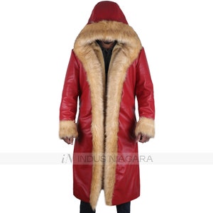 Handmade Santa Claus Coat, Kurt Russell Santa Claus Red Coat Santa Claus Leather Faux Fur Coat Costume for Men, Christmas Gifts