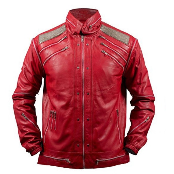 Men's Handmade Michael Jackson Beat It Red MJ Leather Jacket Costume 