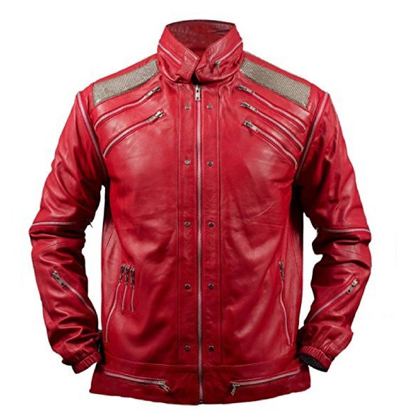 Disfraz de chaqueta de cuero MJ roja Beat It de Michael Jackson hecho a mano para hombre