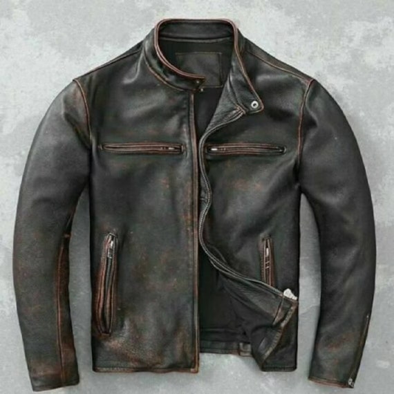 Men's Black Vintage Motorcycle Distressed Coffee Racer Leather Jacket