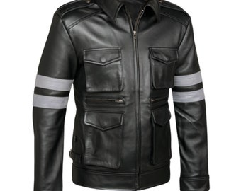 Handmade Mens Resident Evil VI Classic Leon Kennedy RE6 Black Gaming Cosplay With Multiple Pocket Leather Jacket