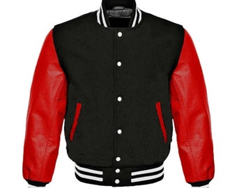 Handmade Varsity Black and Red Bomber College Jacket with Leather Sleeves