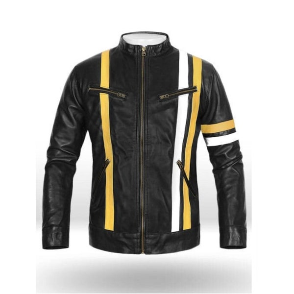 Men's Black Cafe Racer Yellow and White Stripe Leather Jacket | Men's Handmade Black Motorbike Real Leather Jacket