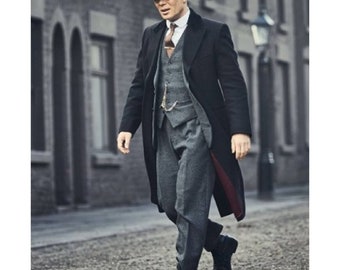 Herren Peaky Blinders Schwarzer Thomas Shelby Langer Mantel | Britischer kultiger Woll-Trenchcoat | Handgemachte Cosplay Vintage Gothic Outwear Mantel