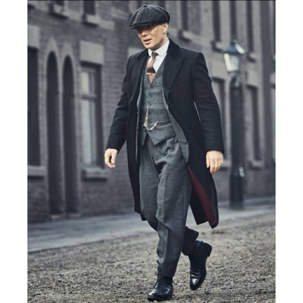 Herren Peaky Blinders Schwarzer Thomas Shelby Langer Mantel | Britischer kultiger Woll-Trenchcoat | Handgemachte Cosplay Vintage Gothic Outwear Mantel