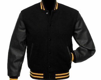 Handmade Black Classic Varsity Baseball High School College Jacket Wool Body with Leather Sleeves