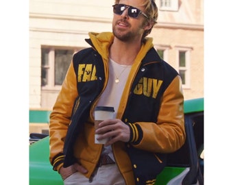 Handmade Ryan Gosling's The Fall Guy Bomber Jacket in Black and Yellow With Hood - Ryan Varsity Letterman Jacket