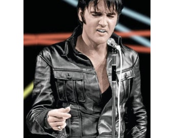 Men's Handmade American Singer Elvis Presley The Rockstar Black Leather Jacket Cosplay Costume