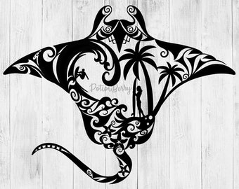 Surfing Manta Ray, Beach Ocean Waves, Startangle Art, % Adjustable Opacity Infill, Black and White, SVG, PNG, Ai, & PSD Graphic Decal
