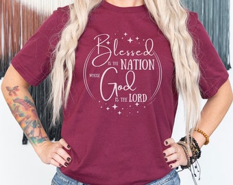 Blessed is the Nation whose God is the Lord Womens Graphic Tee for Fourth of July, Christian Independence Day Patriotic Tshirt, Church Faith