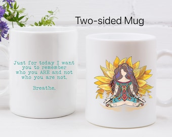 Coffee Mug Hippie Boho Girl Yoga Mug Mediation Peace and Love Gift for Her Gift for Friend Asthetic Art Words of Encouragement and Faith