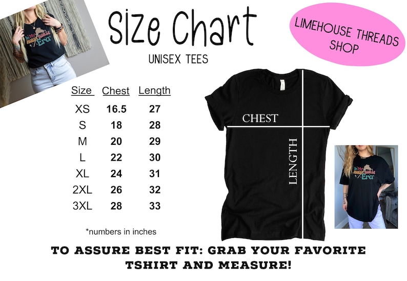 May include: Unisex t-shirt size chart with measurements in inches for chest and length. Sizes range from XS to 3XL.  Limehouse Threads Shop.