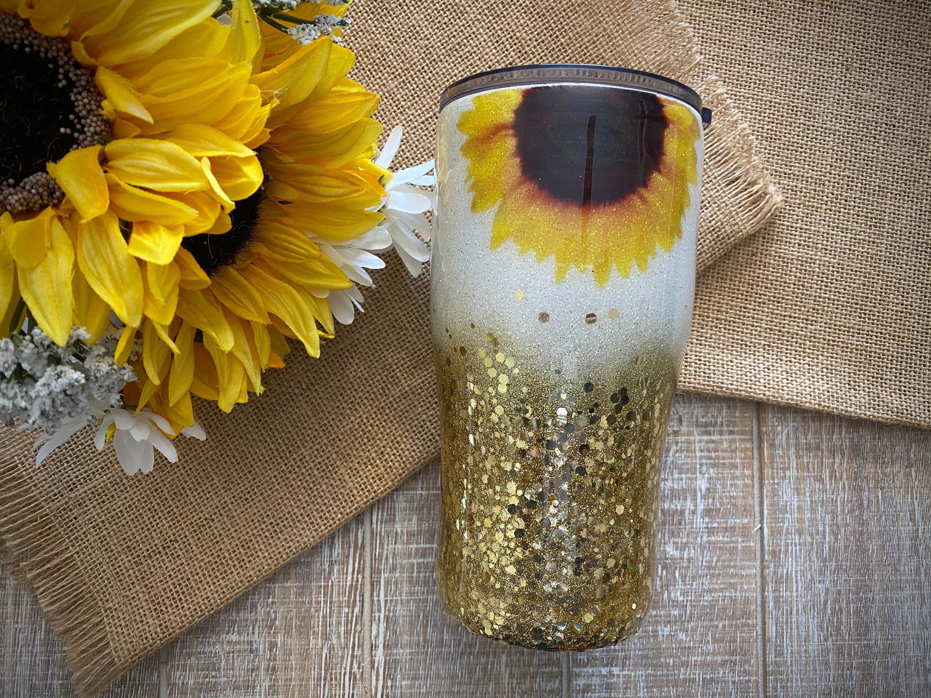 Sunflower Tumbler made with custom glitter and waterslides | Etsy