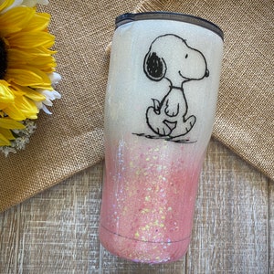 Snoopy Tumbler, made with custom glitter, waterslides, and vinyl, wine/modern/skinny/fatty tumbler with lid & straw