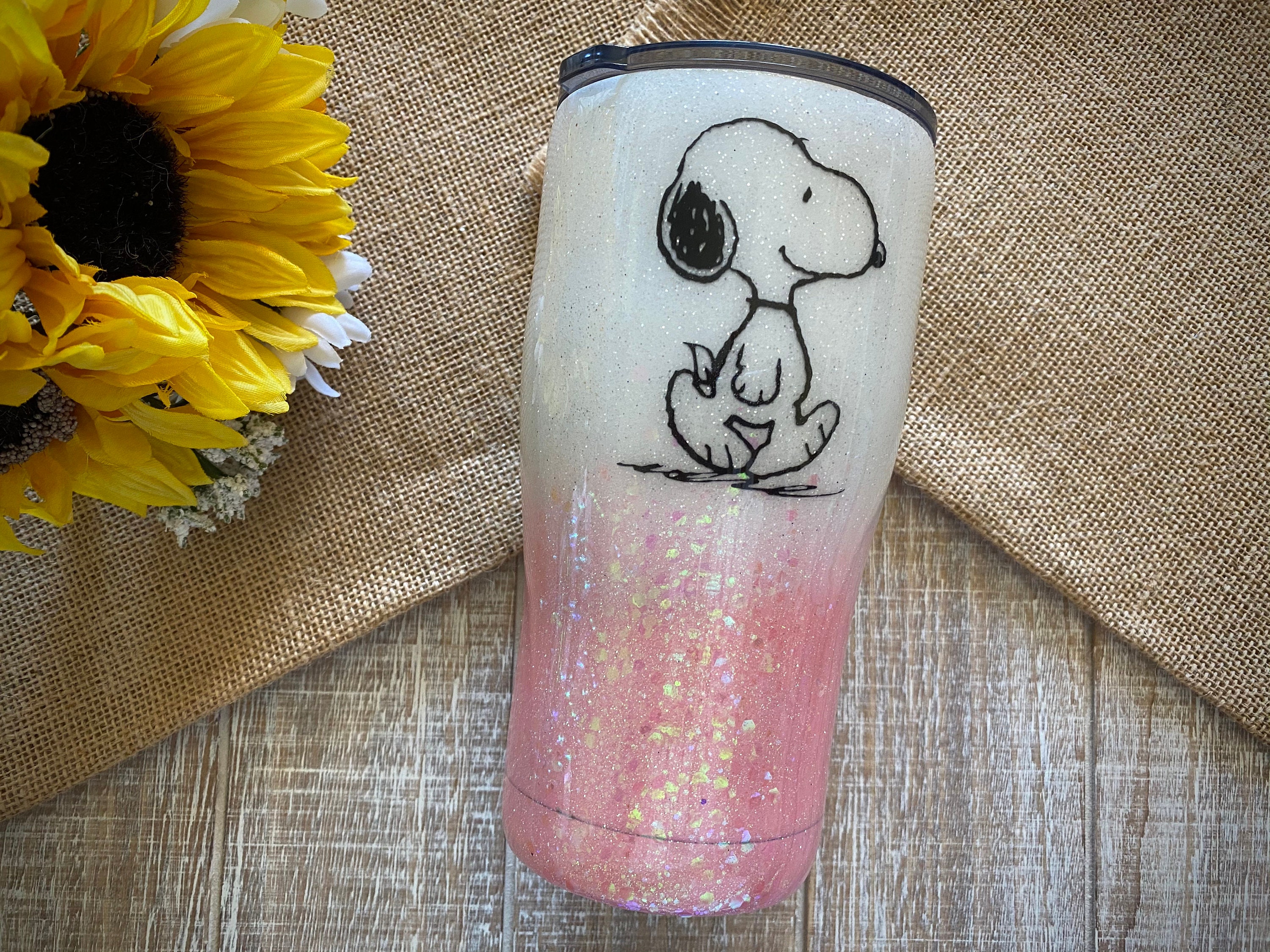 Charlie Brown Snoopy Fall themed Glitter Tumbler