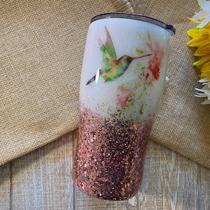 Vaso colibrí, hecho con brillo personalizado y toboganes de agua, vaso de vino/moderno/flaco/graso con tapa y paja