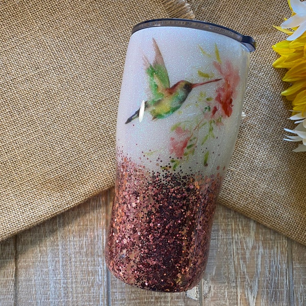 Vaso colibrí, hecho con brillo personalizado y toboganes de agua, vaso de vino/moderno/flaco/graso con tapa y paja