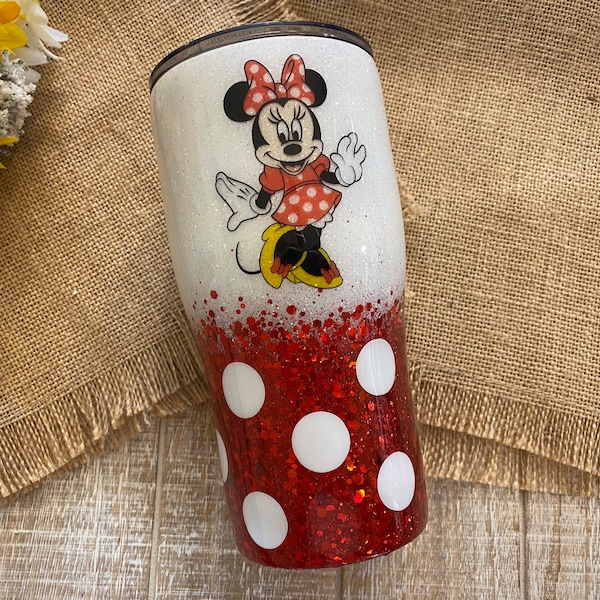 Minnie Mouse Tumbler, made  with custom glitter, waterslides, and vinyl, wine/modern/skinny/fatty tumbler with lid & straw