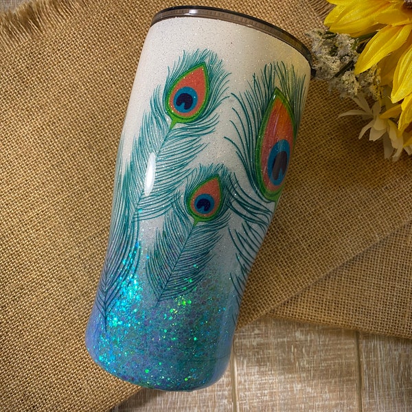 Peacock Feather Tumbler, made with custom glitter and waterslides, wine/modern/skinny/fatty tumbler with lid & straw