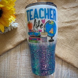 Teacher Tumbler, made with custom glitter, waterslides, and vinyl, wine/modern/skinny tumbler with lid & straw