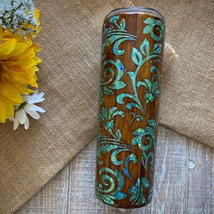 Wood Grain Filigree Tumbler, made with custom glitter and alcohol inks, wine/modern/skinny tumbler with lid & straw