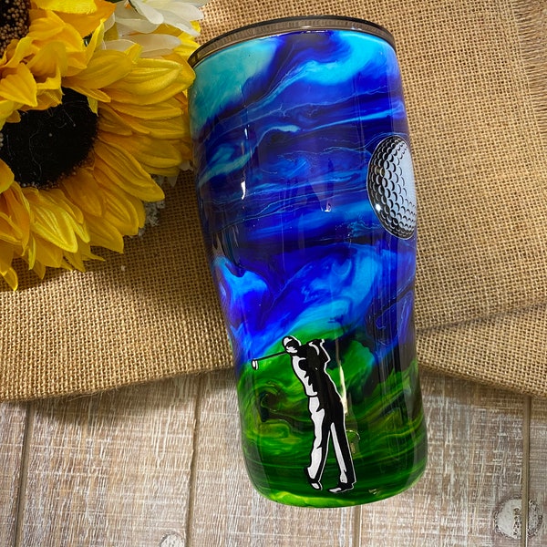 Golf Tumbler, made with alcohol inks, vinyl, and waterslides, wine/modern/skinny tumbler with lid & straw