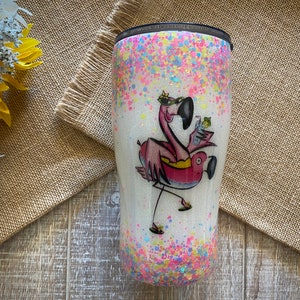 Summertime Flamingo Tumbler, made with custom glitter and waterslides, wine/modern/skinny/fatty tumbler with lid & straw