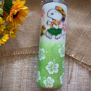 Hawaiian Snoopy Tumbler, made with custom glitters, waterslides and vinyl wine/modern/skinny/fatty tumbler with lid & straw