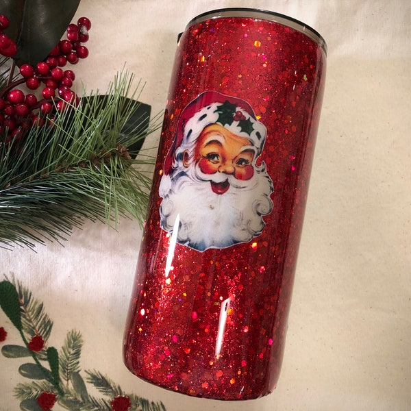 Vintage Santa “Believe” Peekaboo Tumbler, made with custom glitter and waterslides , wine/modern/fatty/skinny tumbler with lid & straw