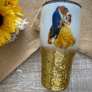 Beauty and the Beast Tumbler, custom glitter, waterslides, and vinyl, wine/modern/skinny/fatty tumbler with lid & straw