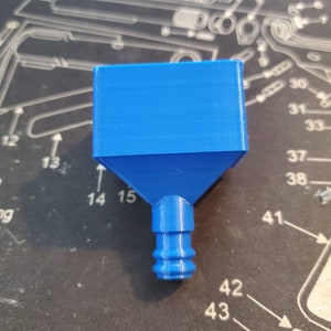 May include: A blue plastic 3D printed funnel with a threaded bottom. The funnel is designed to be used for pouring liquids into a container with a small opening.