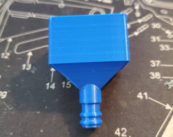 May include: A blue plastic 3D printed funnel with a threaded bottom. The funnel is designed to be used for pouring liquids into a container with a small opening.