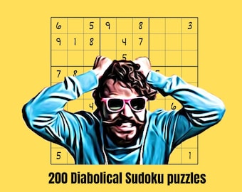 Puede incluir: Una portada de libro amarilla con el texto "TOO HARD SUDOKU" en azul y rojo. La imagen presenta a una persona con gafas de sol rosas, con aspecto estresado, con una cuadrícula de rompecabezas Sudoku y el texto "200 Diabolical Sudoku puzzles".