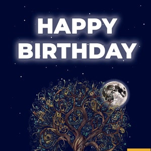 Carte d'anniversaire numérique, joyeux anniversaire, étoiles, ciel nocturne, arbre, lune, renard téléchargeable, PDF imprimable PNG, Guides de coupe, téléchargement immédiat