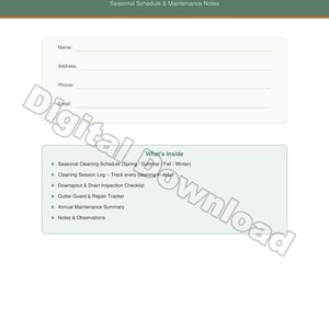 May include: A digital download titled "Gutter & Downspout Cleaning Tracker." The document includes sections for name, address, phone, and email. It also features a seasonal cleaning schedule, cleaning session log, and checklist.