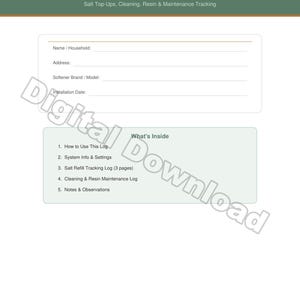 Puede incluir: Un registro de descarga digital para recargas de sal de ablandador de agua, limpieza, resina y seguimiento de mantenimiento. El registro incluye secciones para información del hogar, configuración del sistema y un registro de seguimiento de recarga de sal. El documento tiene 8 páginas.