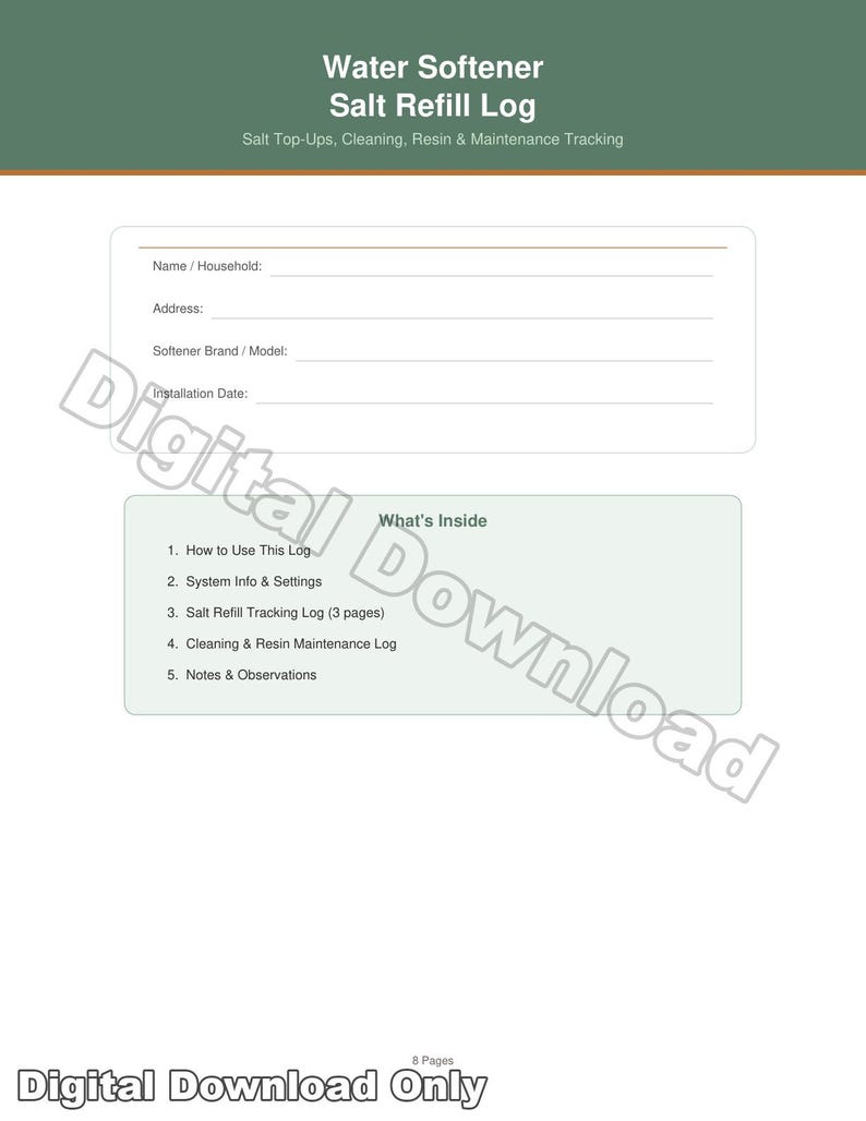 Refill Roster Log Water Softener Salt Refill Log | Printable Maintenance Tracker & Resin ...