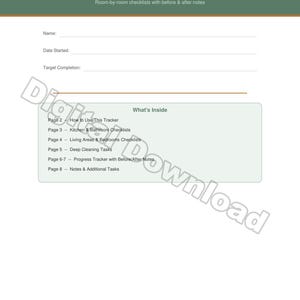 Könnte beinhalten: Ein druckbares Frühjahrsputz-Checkliste und Fortschritts-Tracker. Das Dokument enthält Raum-für-Raum-Checklisten, Platz für Notizen und Abschnitte für Küche, Bad, Wohnbereiche und Schlafzimmer. Der Text "Digitaler Download" befindet sich unten.