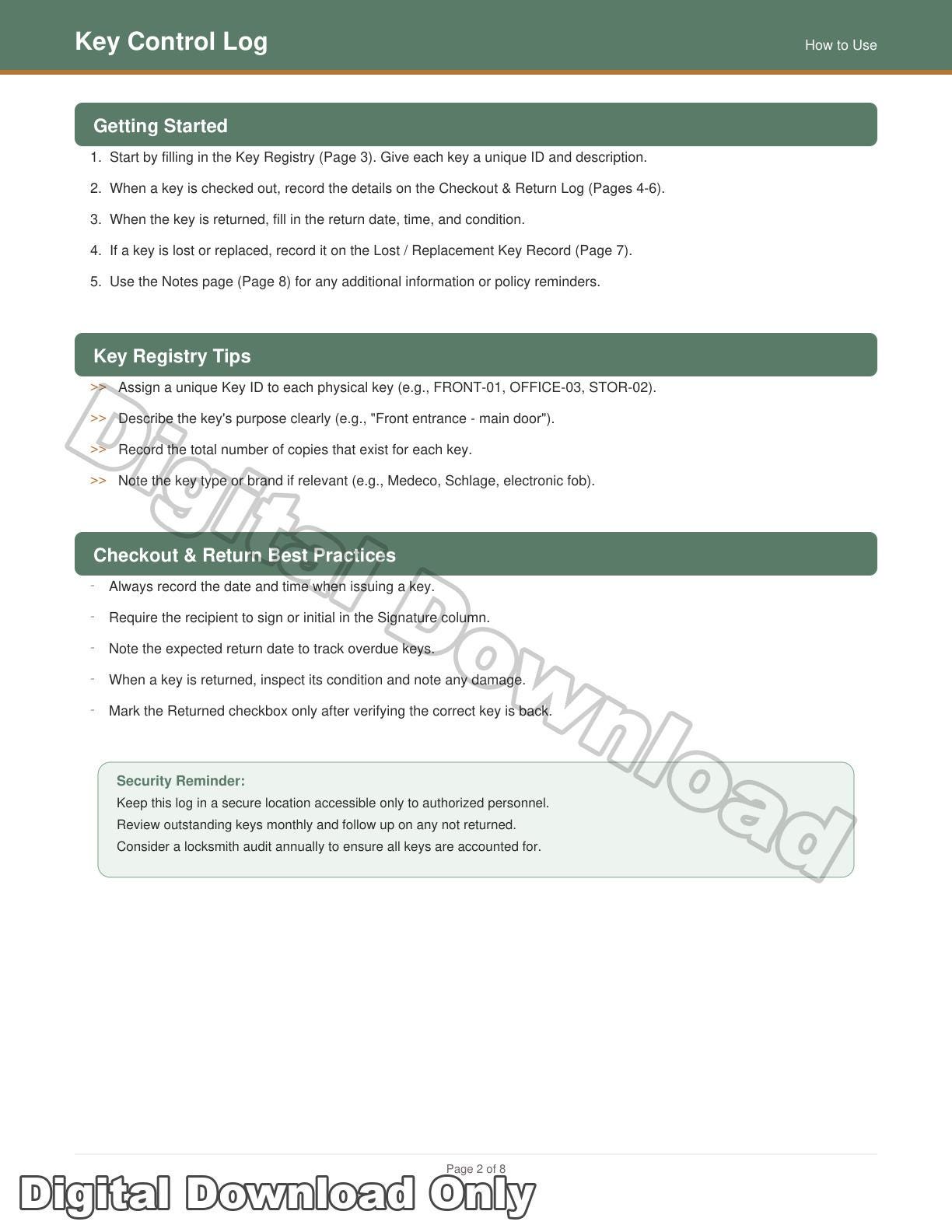 Dod Key Control Log Key Control Log Printable | Professional Key Tracker for Business ...