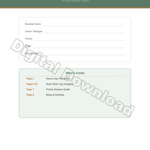 May include: A digital download of a Rush Order Priority Sheet for small business owners. The sheet includes sections for business information and a guide to using the sheet. The sheet is designed to keep urgent jobs visible and on track.